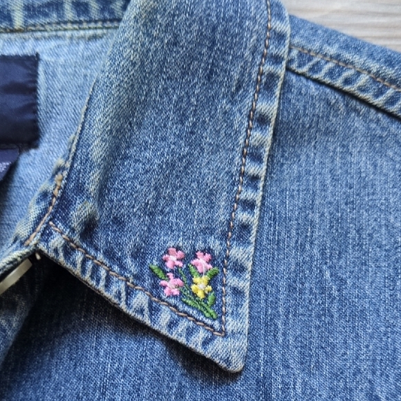 Vtg Kitty Cat Floral Garden Denim Button Down Shirt - Short Sleeve - Solutions M - Picture 12 of 13